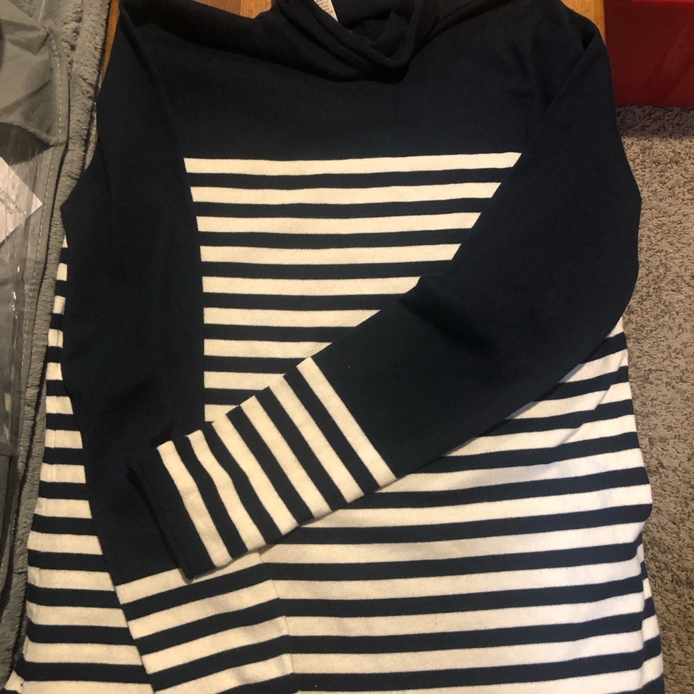 Duluth Trading Co Navy and White Striped Cowl Neck Sweater